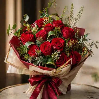 red roses in a bouquet