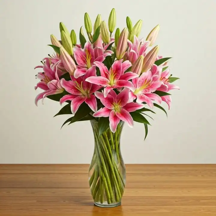 Enchanted Stargazer & Calla Lily Elegance 1 A hand-tied stargazer and calla lily bouquet with vibrant pink petals and elegant white blooms against a soft background.