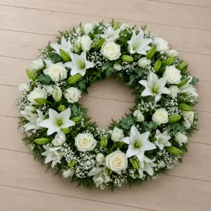 Exquisite white Lily and Rose Funeral Wreath