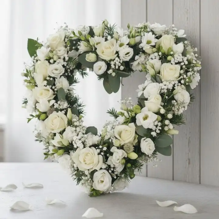 Luxury White Open Heart Eternal Love Tribute 1 An elegant open heart flowers for funeral arrangement featuring premium white roses and seasonal greenery on a wooden stand.