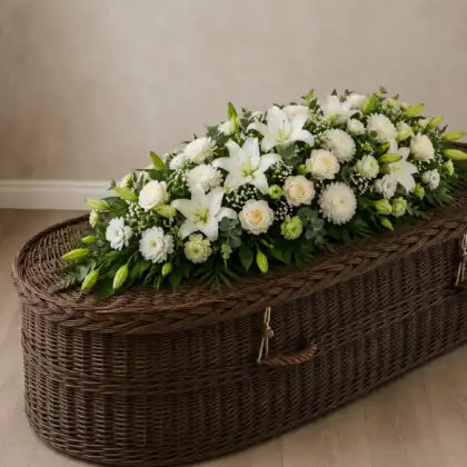 All White Flower Coffin Spray with Greenery