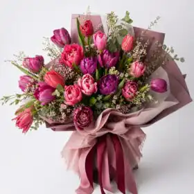 Hand-Tied Deep Pink and Purple Tulip Bouquet