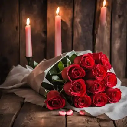 A beautiful 11 red roses bouquet wrapped in rustic paper on a wooden table with romantic candles.