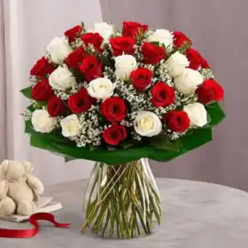 Hand-Tied Red and White Rose Bouquet with Baby's Breath