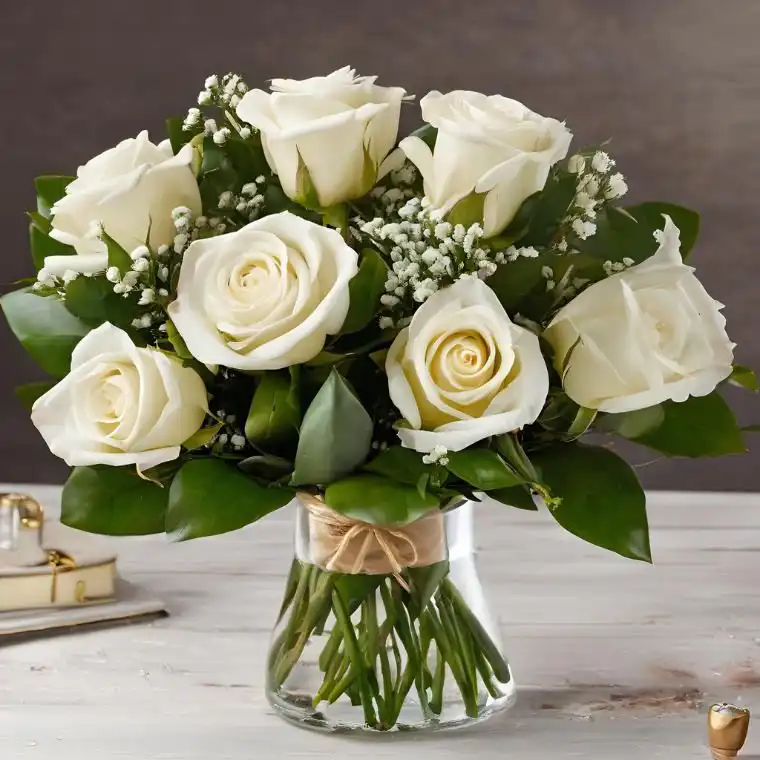 Elegant White Rose & Gypsophila Bouquet 1 A fresh white rose and gypsophila bouquet arranged in a clear glass vase with a burlap ribbon.
