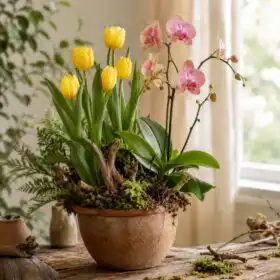 Yellow Tulip & Pink orchid Plant