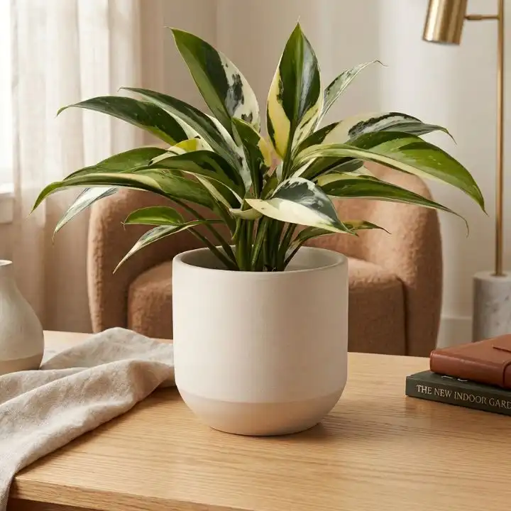 Elegant Variegated Peace Lily in Ceramic Pot 1 Variegated peace lily plant with green and white patterned leaves in a stylish ceramic pot.