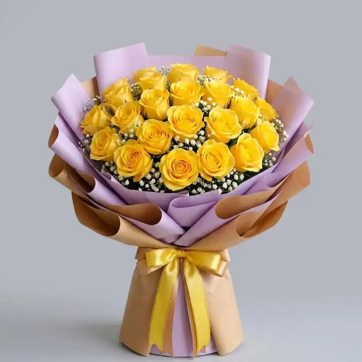 A vibrant yellow rose bouquet wrapped in elegant paper, perfect for spreading joy and friendship.