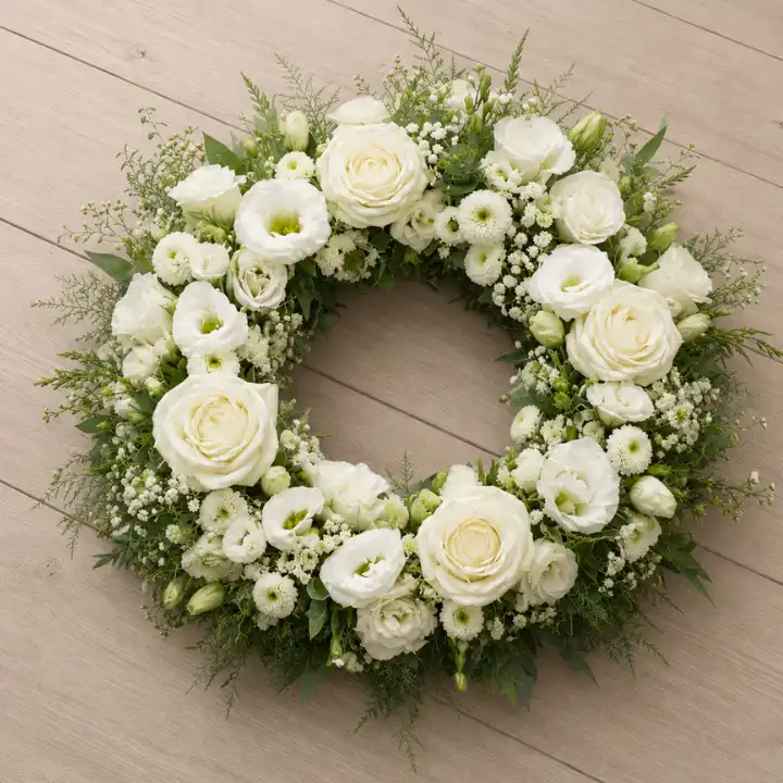 All White Rose & Lisianthus Funeral Wreath 1 All White Rose & Lisianthus Funeral Wreath whit White Chrysanthemum and Gypsophila (Baby's Breath)