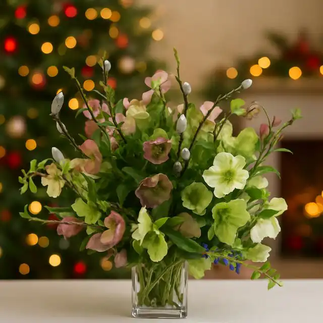 Hellebore flower arrangements 1 A luxurious bouquet of mixed pink and green Hellebores and willow twigs arranged as christmas decorations in a glass vase.