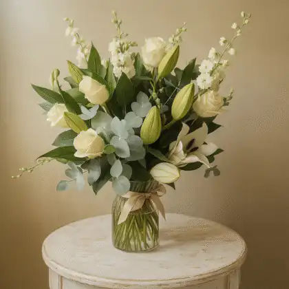 A hand-crafted white rose and lily bouquet arranged with fresh green leaves in a soft natural light setting.