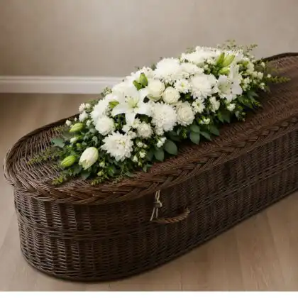 White Chrysanthemum and Lily Coffin Spray With Rose