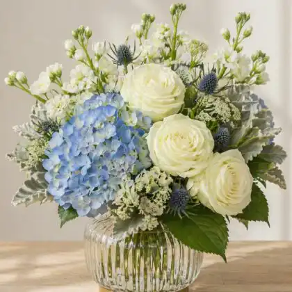 blue hydrangea and rose bouquet