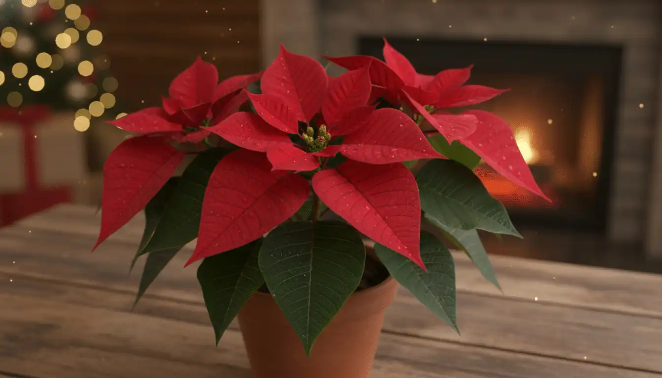 Poinsettia plant with bright red bracts used as the most popular Christmas flower.