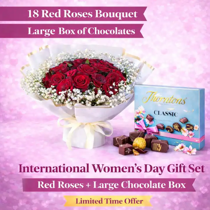 Red Roses and Chocolate Bliss Women's Day Gift Set 1 Women's Day Red Roses and Chocolate Gift Set featuring 18 fresh red roses and premium Thorntons chocolates, perfect for celebrating and showing appreciation. Perfect Women's Day Gift Set