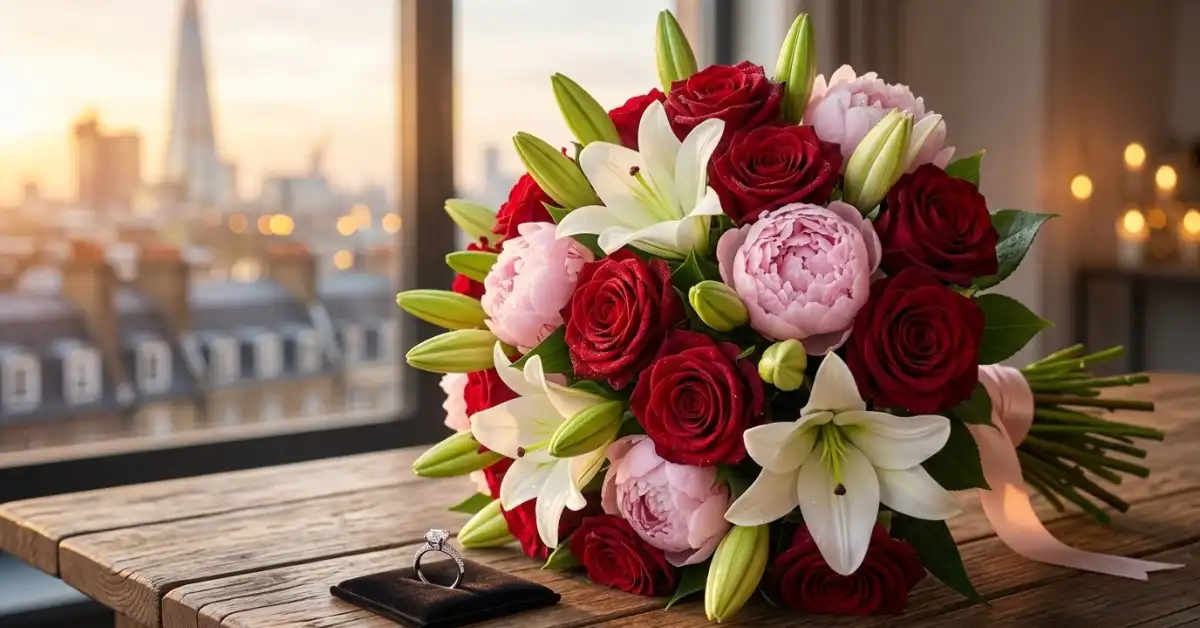 Red roses peonies lilies romantic proposal bouquet ring UK